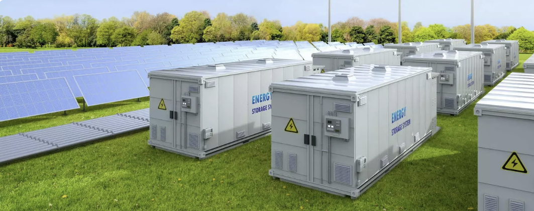 Batteriespeicher-Container neben einer Photovoltaik-Freiflächenanlage